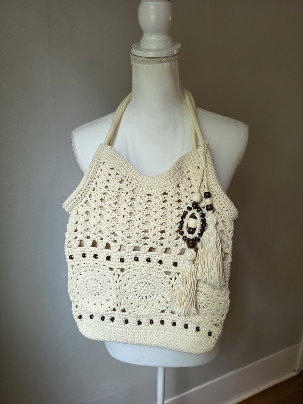 Cream Crochet Tote Bag with Bead & Tassel Accent